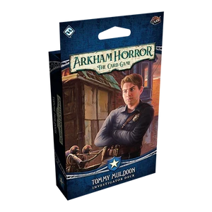 An LCG preconstructed deck titled “Arkham Horror: The Card Game - Tommy Muldoon Investigator Deck” across the top and bottom of the cover.  The art features two rectangles of blue textured like crushed velvet.  Between them is a painting of a man with pale skin, short blonde hair, a black button-down shirt, and a leather harness strung across his chest.  Or maybe it's a bag.  He has his arms crossed and a 5-o'clock shadow.