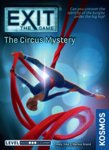 A board game titled "EXIT: The Game - The Circus Mystery" across the top and bottom of the game cover.  The art depicts a person with their long hair tied up in a bun and a blue leotard who is poised in the splits while hanging from a long, red strand of silk.