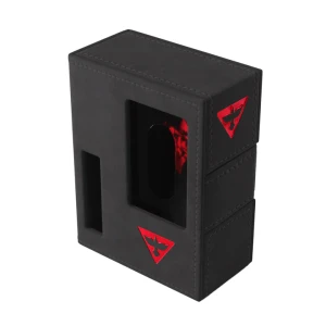 A deck box with a cloth exterior for the LCG Arkham Horror: The Card Game.  The box features a red triangle with a bird in flight on the side, a large hole for viewing, and a smaller slotted hole opposite it on the front.