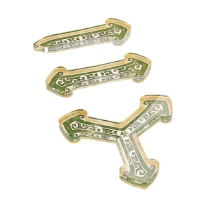 Three specialized acrylic tokens for the LCG Arkham Horror: The Card Game.  Each has green and sandy-parchment colored designs that swirl down the bulk of token.  One has a singular arrow, one has one on each end, and one has three points.