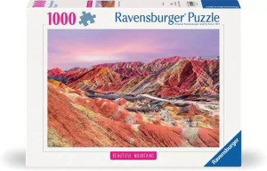 A puzzle with the words “Ravensburger Puzzle” at the top and the number ‘1000’ along the left side of the white bordered cover.  Below is an image of the finished puzzle, which features a photograph of a string of low, meandering mountains.  They've risen in a way that displays many layers of rock in great stripes of color, and are well worn by water.