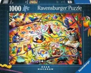 A puzzle with the words “Ravensburger Puzzle” at the top and the number ‘1000’ along the left side of the dark blue-green bordered cover.  Below is an image of the finished puzzle, which features a cartoon painting of a colorful treetop scene filled with birds of many different species, all doing silly and/or human activities.  An owl wears spectacles and reads a book, four colorful parrots form a quartet with little straw hats and all, a yellow bird wears a green cap and holds a bow, and more.