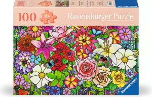 A puzzle with the words “Ravensburger Puzzle” at the top and the number ‘200’ along the left side of the cover.  Beside it is a puzzle piece with ‘XL’ inside, and the whole top of the cover has a thick, salmon pink rectangle.  Below is an image of the finished puzzle, which features a wall of stained glass flowers of various species, colors, and sizes.  Intermixed with the bright blooms are various pollinator insects and leaves.