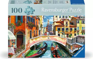 A puzzle with the words “Ravensburger Puzzle” at the top and the number ‘200’ along the left side of the cover.  Beside it is a puzzle piece with ‘XL’ inside, and the whole top of the cover has a thick, green rectangle.  Below is an image of the finished puzzle, which features a painting of the city of venice.  People meander across a bridge that crosses a canal, under which a gondola floats.  The building are doused in bright colors, and the afternoon sun brightens both the paint and the sections of exposed brick.