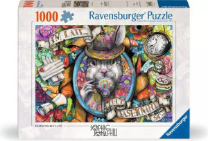 A puzzle with the words “Ravensburger Puzzle” at the top and the number ‘1000’ along the left side of the white bordered cover.  Below is an image of the finished puzzle, which features a drawing with a white rabbit wearing a flower-patterned top hat and sipping tea with a white-gloved hand in the center.  The rabbit is surrounded by a blue picture frame, and around that are flowers, clocks, teacups, and little white glove sets.  Little paper strips decorate around it, each filled with words that collectively say "I'm Late, but Fashionably So..."
