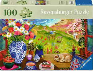 A puzzle with the words “Ravensburger Puzzle” at the top and the number ‘200’ along the left side of the cover.  Beside it is a puzzle piece with ‘XL’ inside, and the whole top of the cover has a thick, green rectangle.  Below is an image of the finished puzzle, which features a painting of a window that opens out into a green, hilly landscape dotted with wildflowers.  A dog sleeps on a wooden porch in the front of the house, and a table in the foreground has a vase of flowers, snacks, and tea perched atop it.