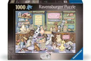 A puzzle with the words “Ravensburger Puzzle” at the top and the number ‘500’ along the left side of the dark grey-bordered cover.  Below is an image of the finished puzzle, which features a cartoon of a store with a checkerboard white and black floor,  shelves, and buckets.  On every available surface are sticks of various sizes and labelled with various prices.  Dogs clamber, lay, and peruse about the store.  On the far wall is a sign that says "Stanley's Stick Emporium."