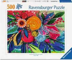 A puzzle with the words “Ravensburger Puzzle” at the top and the number ‘500’ along the left side of the white bordered cover.  Below is an image of the finished puzzle, which features a vibrant painting of highly stylized flowers of a wide variety of species  and colors.