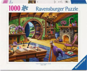 A puzzle with the words “Ravensburger Puzzle” at the top and the number ‘1000’ along the left side of the white bordered cover.  Below is an image of the finished puzzle, which features a rustic cottage reminiscent of a Hobbit Hole, as it has a circular door that opens into a lush, hilly countryside.  The interior is filled with whimsical items, such as a purple pointed hat hanging from the side of a chair, a tiny dragon curled up on a cushion beside an armchair, and a writing desk equipped with quills and scrolls near the foreground.