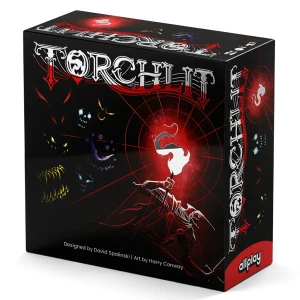 A board game titled "Torchlit" in large, metallic font at the top of the dark cover.  Near the center of the box there is a brightly it torch held by a suit of armor. It is surrounded by shadows that seem to be full of creatures with many eyes and teeth.
