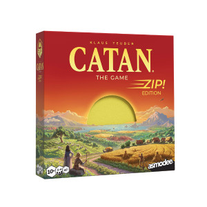 A board game titled “Catan: The Game - ZIP!” across the top of the cover.  The art features Two characters are looking at a sunset over a body of water surrounded by mountains. There are sheep grazing and a person working a field. You can see the homes of the people pictured. It is very peaceful.