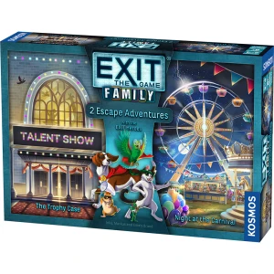 A board game titled “Exit: The Game - Family: The Trophy Case/Night at the Carnival” across the top and bottom of the cover.  The art features five animals in the center: a dog with a red cape and an eyepatch, a green parrot also wearing a red cape, a cat wearing a green headband, a hamster wearing a black eye mask, and a small green cricket wearing a green tuxedo and a stethoscope around their neck.  On either side of theme is a location: one is the facade of an ornate building with a sign out front that reads ‘Talent Show’ in large, colorful letters; on the other is a carnival with a Ferris wheel, merry-go-round, and balloons.