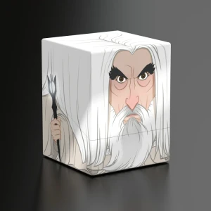 A deck box with wrap-around artwork of the wizard Saruman: a man with long, white hair and a matching beard that sports shockingly dark eyebrows, a long staff, and white robes.  His expression is rather cranky.