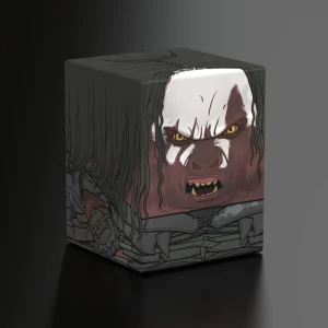 A deck box with wrap-around artwork of a Uruk Hai - the cross between humans and Orcs in Lord of the Rings - with a white hand print across his forehead, long, dark hair, and a snarl that reveals fangs.  He wears dark leather armor and his little hand is held in a fierce fist.