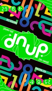 A board game titled "Dnup" (Down Up) across the center of the game box with a slash of bright green around it.  The art features colorful variations of the letters interlocking across a black background.