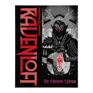 An RPG titled "Dungeons & Dragons: Ravenloft - The Horrors Within" in red font.  'Ravenloft' is written very large down the left side of the mostly black and white cover.  The art to the right of this features a highly stylized drawing of a vampire with large, pointed ears, long black hair, and long, clawed fingers poised around a circle of light with a wineglass filled with red fluid inside it.