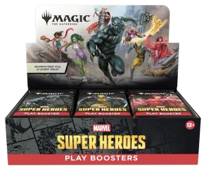 A TCG product titled “Magic: The Gathering - Marvel Superheroes: Play Boosters across various locations on the cover and display tab of the box.  The art features a series of half shadowed, black and white comic panels across the bottom of various characters from throughout the history of Marvel Studios.  On the top display tab a series of Superheroes in an action shot all rushing toward the audience, each wearing a uniquely designed costume.  The person in the center and foremost in the image wears a black, skin-tight full body suit with small ears on the cowl and sharp claws at the tip of each finger.