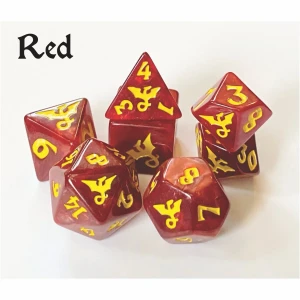 A set of 7 polyhedral dice with red resin with golden numerals.  On one side of each, there is little dragon icon with its wings outstretched and a curled tail.