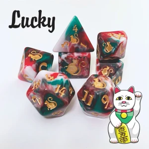 A set of red, green, and white swirled polyhedral dice with golden numerals and cats on one side instead of numbers.  In the bottom right corner is a cartoon of a lucky Chinese cat, its paw upheld in a little wave