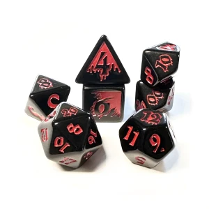 A set of 7 polyhedral dice with black resin and red, dripping numerals.  Some faces feature black numerals with red, indented splatters instead.