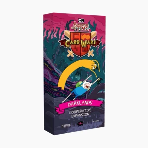 A board game titled "Adventure Time Card Wars: DarkLands Cooperative Expansion" across the top and bottom of the cover.  The art features a pale-skinned boy with a blue shirt and shorts, green backpack, and white hat with two ears.  Above him is a golden dog with large, black and white eyes, a pug-like nose, and impossible body physics  - as shown by his ability to stretch in a snake-like arc above the child.  They both navigate a sinister forest with trees sporting eyes and mouths, black ooze, and glowing eyes peeking from every shadow.