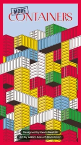 A board game titled "More Containers Expansion" in large, red font across the top of the cover that is matched by a bold red border around the outside.  The art features a grey-blue sky and a Tetris-esque stack of containers rising higher than is probably OSHA compliant.