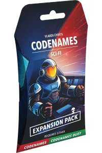 A board game titled "Codenames: Sci-Fi Expansion Pack" in white font across the top and bottom of the cover.  The art features a blue and red illustration of an astronaut in chunky, futuristic armor piloting a vehicle.  The outside world is colored by a red glow and streaks of motion.