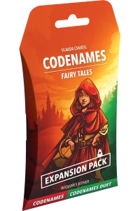 A board game titled "Codenames: Fairy Tales Expansion Pack" across the top and bottom of the cover.  The art features a green and red illustration of a girl wearing a red, hooded cape and carrying a picnic basket.  She stands in front of a dense tree-line, and an ominous castle looms on a distant hill.