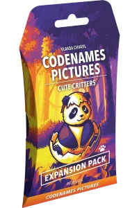 A board game titled "Codenames: Pictures - Cute Critters Expansion Pack" in white font across the top and bottom of the cover.  The art features a yellow and purple illustration of a panda hatching out of a very large, chicken-like egg in the clearing of a forest.