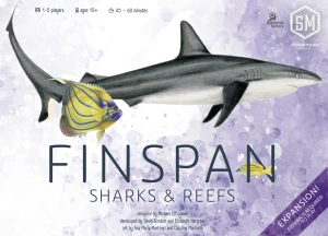 A board game titled "Finspan: Sharks & Reefs" across the bottom of the cover.  The art fetures a colored pencil and watercolor illustration of a lemon shark and a yellow tropical fish with blue stripes along its sides.  The background is a purple and white watercolor wash.