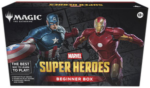 A TCG product titled "Magic: The Gathering - Marvel Super Heroes: Beginner Box" with half of the title in the upper left corner and the rest at the bottom of the primarily black box.  Two superheroes leap in action poses across the center: one with pale skin, a red, white, and blue costume featuring a partial face cowl, and a shield with matching red, white, and blue colors as well as a star in the center; the other is a red and yellow metal suit that entirely obscures the face of the wearer, and features a glowing white circle in the center of the chest plate.
