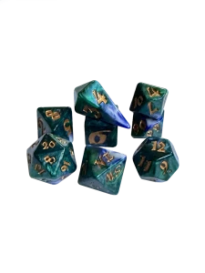 A set of 8 polyhedral dice, with 7 of the standard varying side ranges and 1 compass die with sides representing the 4 cardinal directions.  Each features opaque, sparkly, blue and green swirled resin and golden numerals.