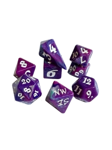 A set of 8 polyhedral dice, with 7 of the standard varying side ranges and 1 compass die with sides representing the 4 cardinal directions.  Each features opaque, sparkly, purple, blue and green swirled resin and white numerals.