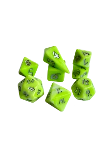 A set of 8 polyhedral dice, with 7 of the standard varying side ranges and 1 compass die with sides representing the 4 cardinal directions.  Each features opaque, sparkly, yellow and green swirled resin and silver numerals.