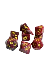 A set of 8 polyhedral dice, with 7 of the standard varying side ranges and 1 compass die with sides representing the 4 cardinal directions.  Each features opaque, red and white swirled resin and yellow numerals.