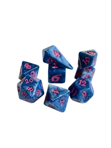 A set of 8 polyhedral dice, with 7 of the standard varying side ranges and 1 compass die with sides representing the 4 cardinal directions.  Each features opaque, sparkly, blue swirled resin and pink numerals.