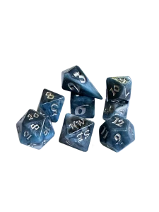 A set of 8 polyhedral dice, with 7 of the standard varying side ranges and 1 compass die with sides representing the 4 cardinal directions.  Each features opaque, sparkly, blue and black swirled resin and silver numerals.