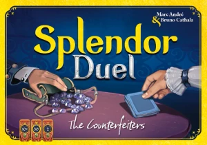 A board game expansion titled "Splendor Duel: The Counterfeiters" across the op and bottom of the cover. The art features a golden border, mostly blue background, and two pale-skinned hands passing gems and cards across a wooden table.