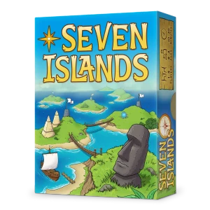 A board game titled "Seven Islands" in gold lettering across the top of the cover.  The art features a cartoon depiction of Easter island, with bright blue waters, patches of small, green islands, and a large, grey statue's head that depicts a stylize human form.