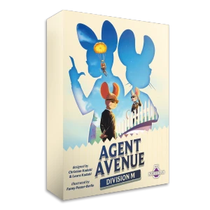 A board game titled "Agent Avenue - Division M" across the bottom of the cover.  The art features a beige background with the silhouette of two anthropomorphic mice - inside which is the rest of the scene, which takes place in a suburban neighborhood with two more mice in formal wear, with earpieces and sunglasses.
