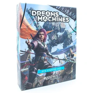 This is an image of the front cover of the Dreams and Machines Starter Set. At the top of the cover is the logo for Dreams and Machines, and at the bottom is a light blue banner with the words ‘Starter Set’ across it. Underneath that is the Mōdiphüs Entertainment logo. On the lefthand side is a woman with a concerned look on her face, outstretching one of her hands towards the viewer, and brandishing a spear with her other hand. In the background is a giant robot looming above a village with various colorful flags and drapes hanging between buildings.