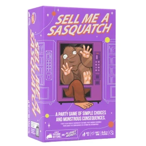 A board game titled “Sell Me a Sasquatch” in orange and white font across the top of the primarily light purple box.  The art features a line of vending machines, two drawn in white line art and one central machine more rendered with black line art and darker purple coloring to emphasize it.  From this central vending machine emerges a very squished, smiling Sasquatch with a single lower canine emerging from his lips and eyes with pupils facing opposite directions.