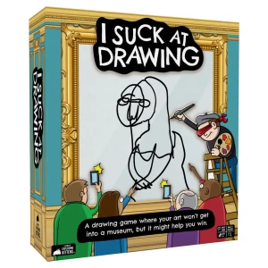 A board game titled “I Suck at Drawing” in large, uneven lettering at the top of the cover.  The art features a cartoon of a crowd of people gathered around a large canvas with an ornate, golden frame - their phones raised and pointing hands - as a blindfolded artist on a ladder draws what might be a bald Mona Lisa.