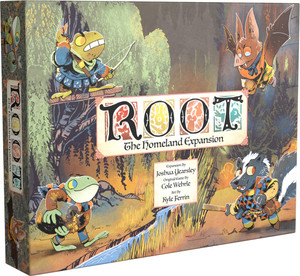A board game titled "Root: Homeland Expansion" across the center in large, gothic font with colorful filigree behind it.  The art around the title features illustrated woodland critters wearing medieval garb.  There is a frog, bat, skunk, and what may either be a lizard or another frog.  Around them is a green forest and small stream.