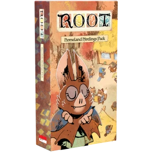 A board game expansion titled "Root: Homeland Hireling Pack" in black, gothic font backed by colorful filigree across the top of the cover.  The art below features an autumnal forest scene with woodland creatures wearing clothes milling about and doing business in a small village.  A bat stands in the foreground with their eyes closes, and little wings crossed as they casually point to something in the distance.