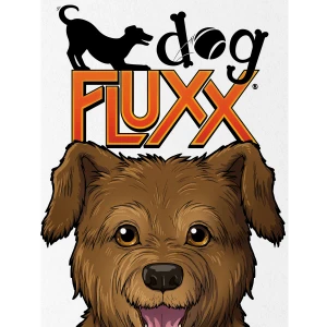 A card game titled "Dog Fluxx" in large font at the top of the cover.  The art features a white background with a brown, shaggy dog cartoon taking up the bottom half of the cover's space.