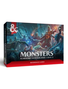 An RPG supplemental product titled "Dungeons & Dragons Reference Cards: Monsters - Fearsome & Ferocious" across the bottom of the cover.  The art features a nighttime scene in a village actively getting plundered by undead warriors.  In the center of the pillaging are a few living men fending off the hoard.
