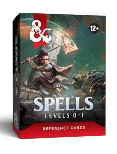 A n RPG supplemental product titled "Dungeons & Dragons Reference Cards: Spells - Levels 0-1" across the bottom of the cover.  The art features a dwarf lady in scale mail armor swinging a large hammer at a spikey critter rushing toward her.