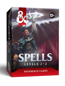 An RPG supplemental product titled "Dungeons & Dragons Reference Cards: Spells - Levels 2-3" at the bottom of the cover.  The art features an elven man with long, dark hair that's shaved on the sides and who is wearing mail armor with a blue cloak.  He holds a crescent moon-shaped magic item, which glows brightly above.