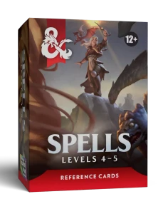An RPG supplemental product titled "Dungeons & Dragons Reference Cards: Spells - Levels 4-5" across the bottom.  The art above features a pale person with white hair and wearing cloth and gold armor.  They stand atop a steep cliff with a mostly unseen dragon below.